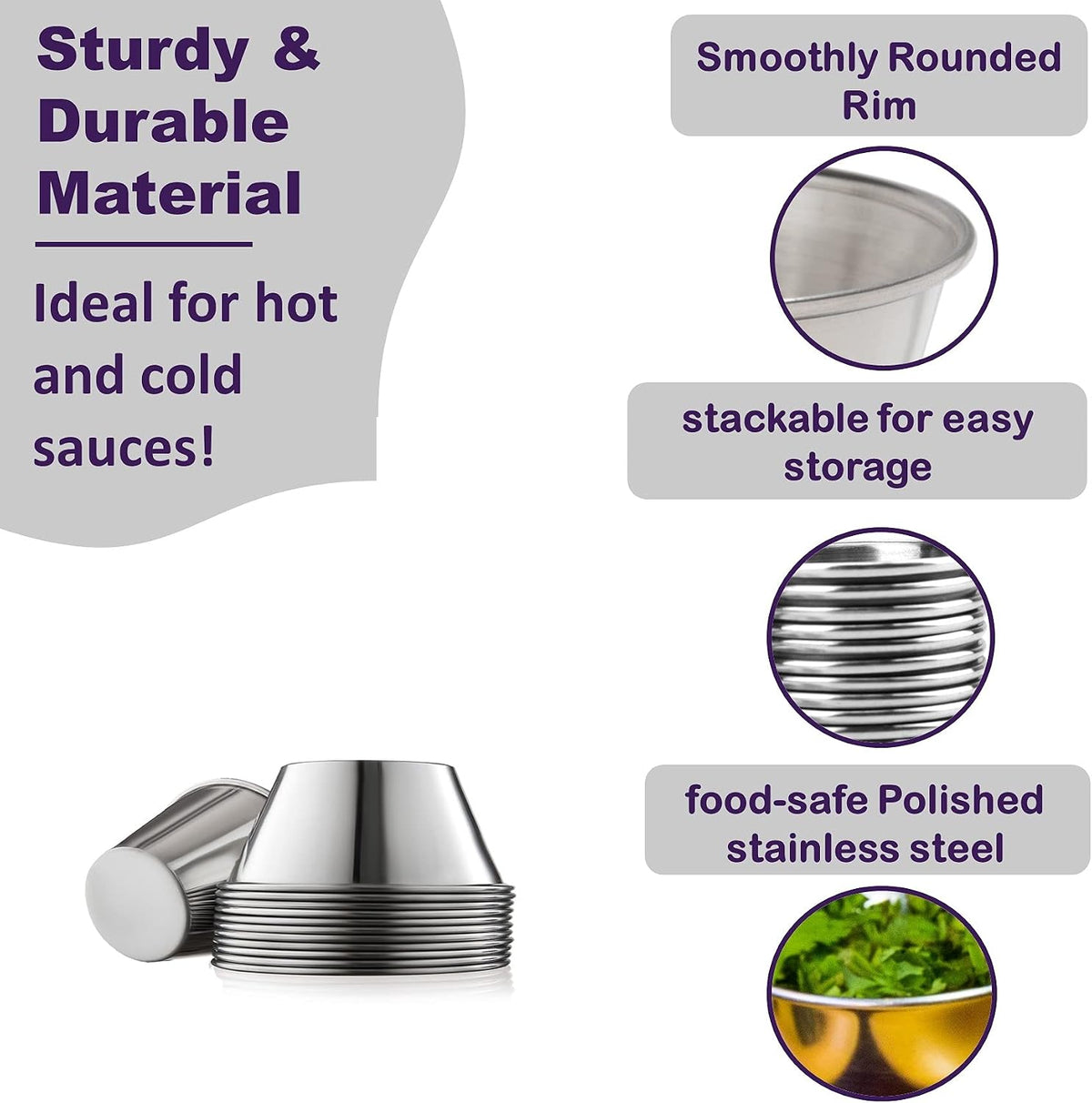 Small Sauce Cups, Stainless Steel Ramekin Dipping Sauce Cup, Commercial Grade Individual Round Condiment cups (12