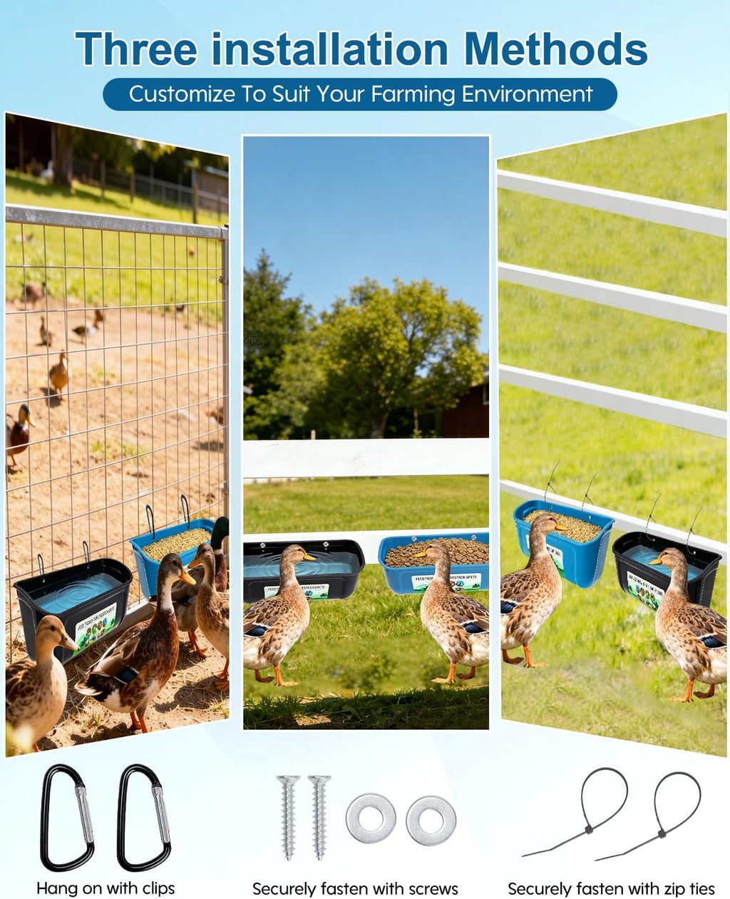Duck Water Feeder,4 Pack Hanging Ducks Feeder and Ducks Waterer Set,Drake Fence Feed Trough with Clips, Poultry