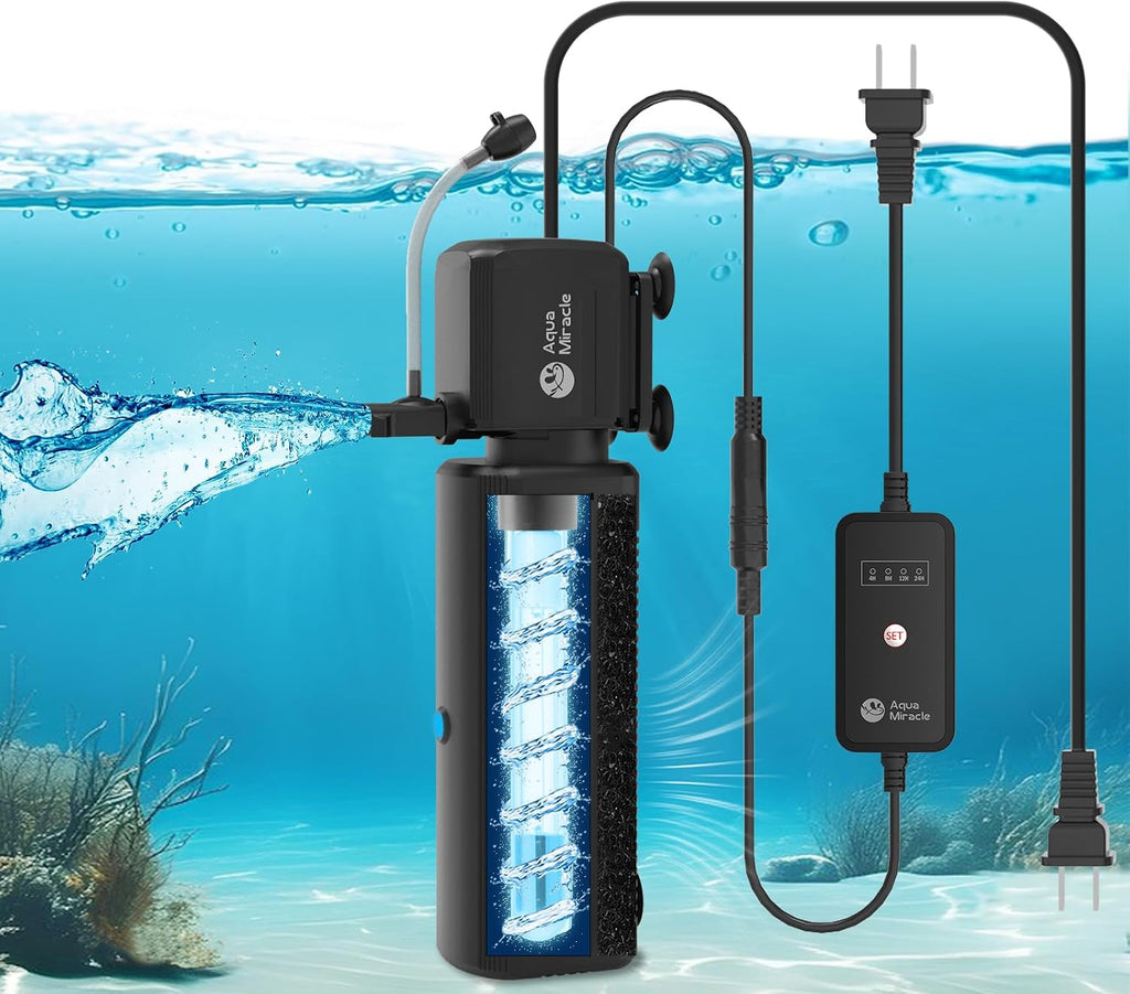 Aquarium Filter with U - V Light & Filter Sponge, Fish Tank Filter with Timer for Green Water, Turtle Filter with