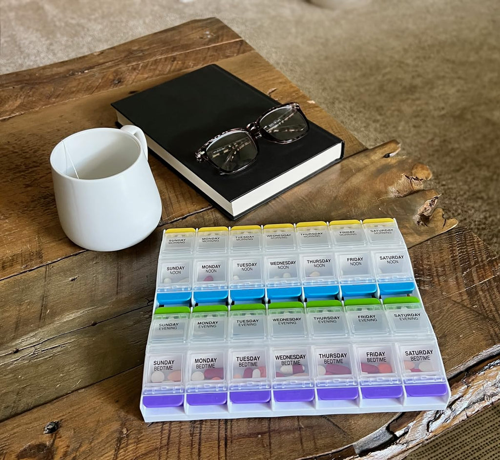 Weekly (7-Day) Pill Organizer, Vitamin Container, and Daily Medicine Planner, 2X-Large Push Button Compartments