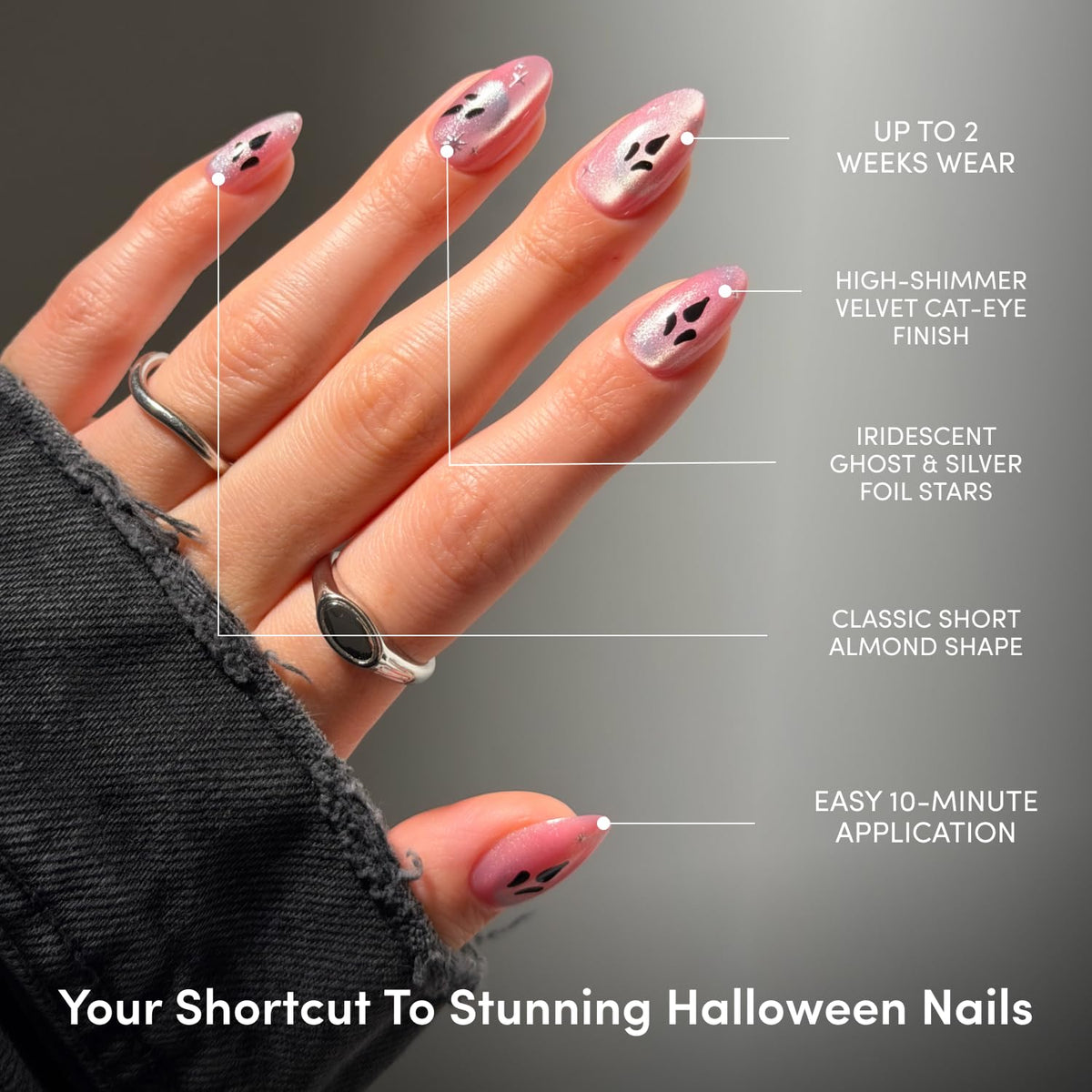 Halloween Press On Nails, Short Almond Cat-Eye, Just A Ghoul