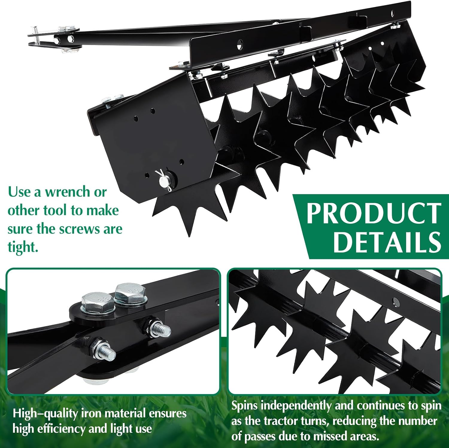 32 Inch Tow Behind Spike Aerator Soil Penetrator Spikes Tractor with Galvanized Steel Tines and Wide Tow Bar Black