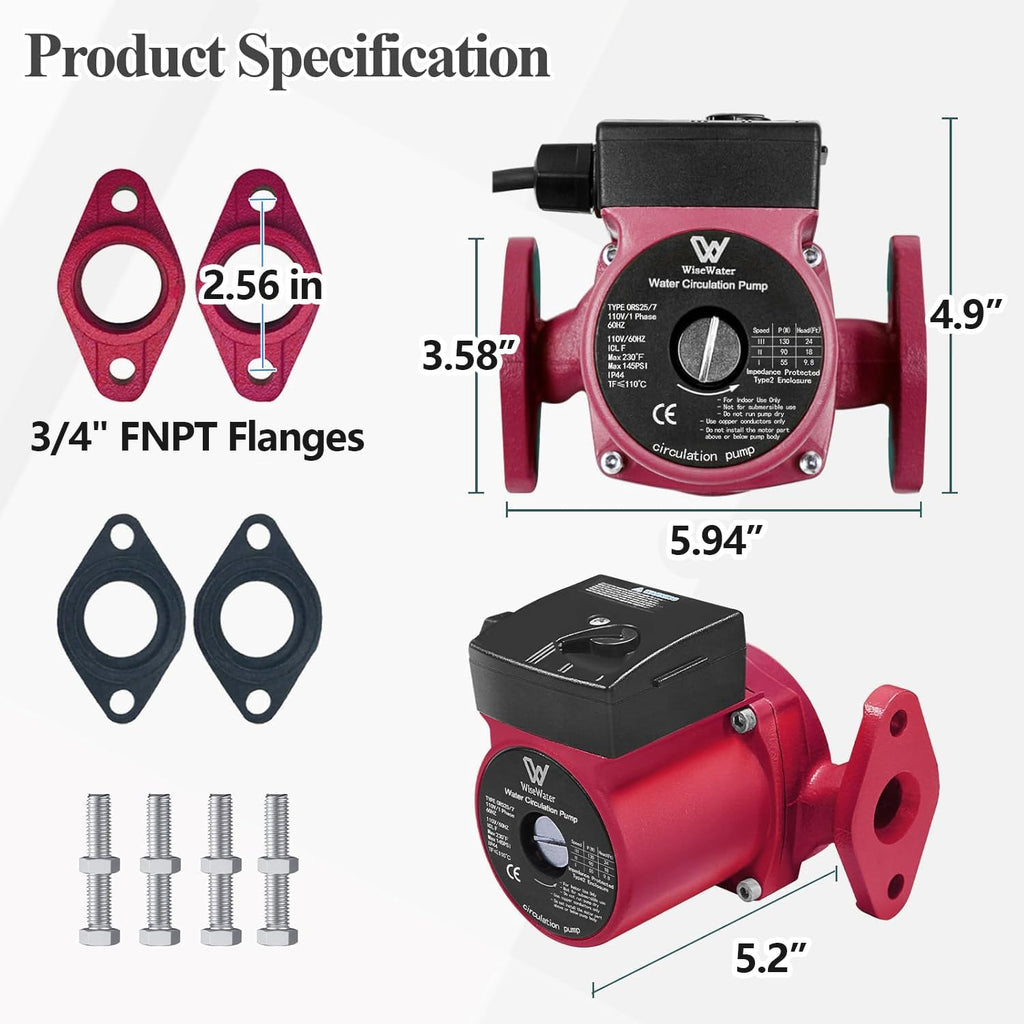 AB 110V Hot Water Recirculating Pump, 130W 13GPM, 3/4" FNPT Flanges (Red)