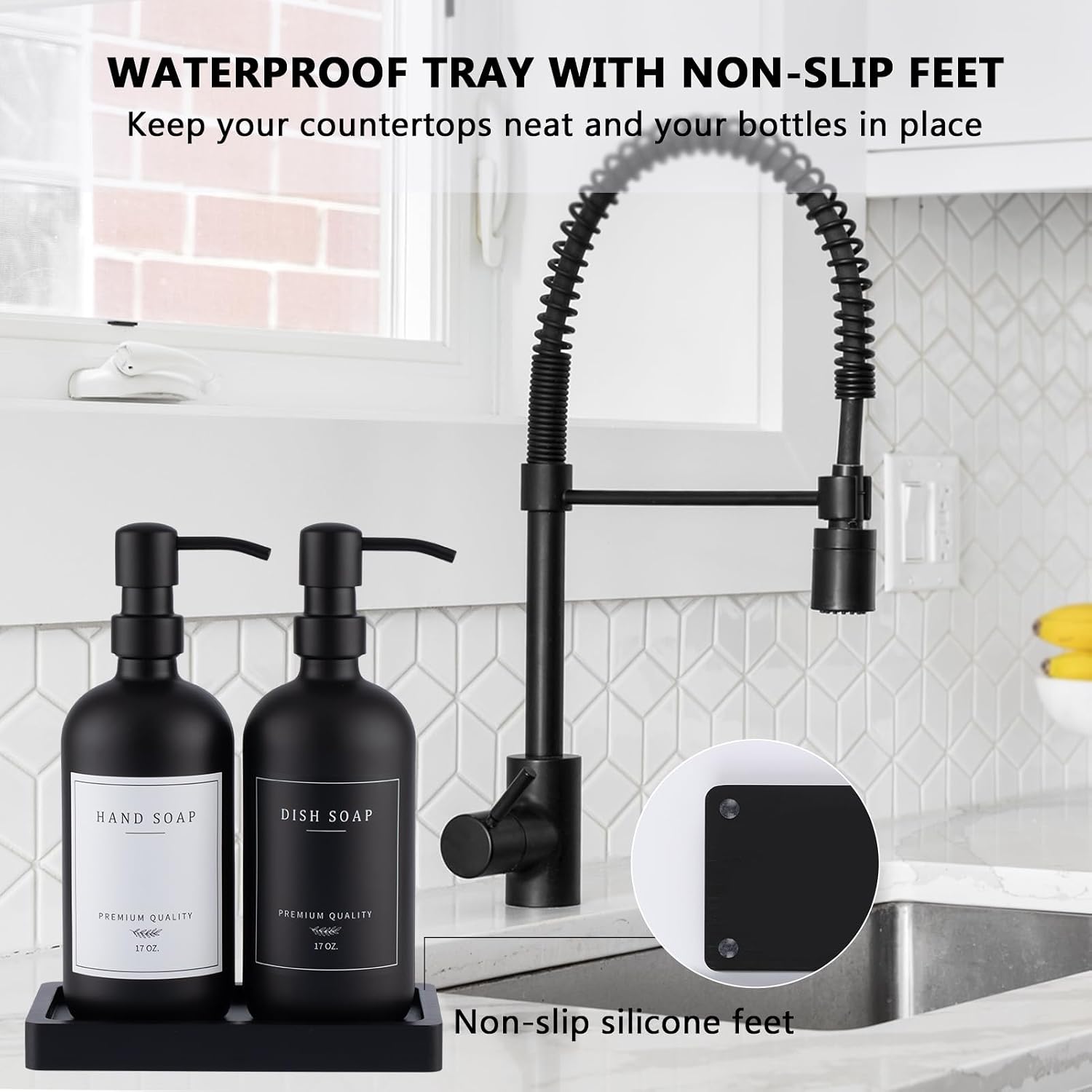 Black Thick Glass Soap Dispenser - Farmhouse Kitchen Dish &Hand Soap Dispenser Set, 304 Rustproof Pump Lotion