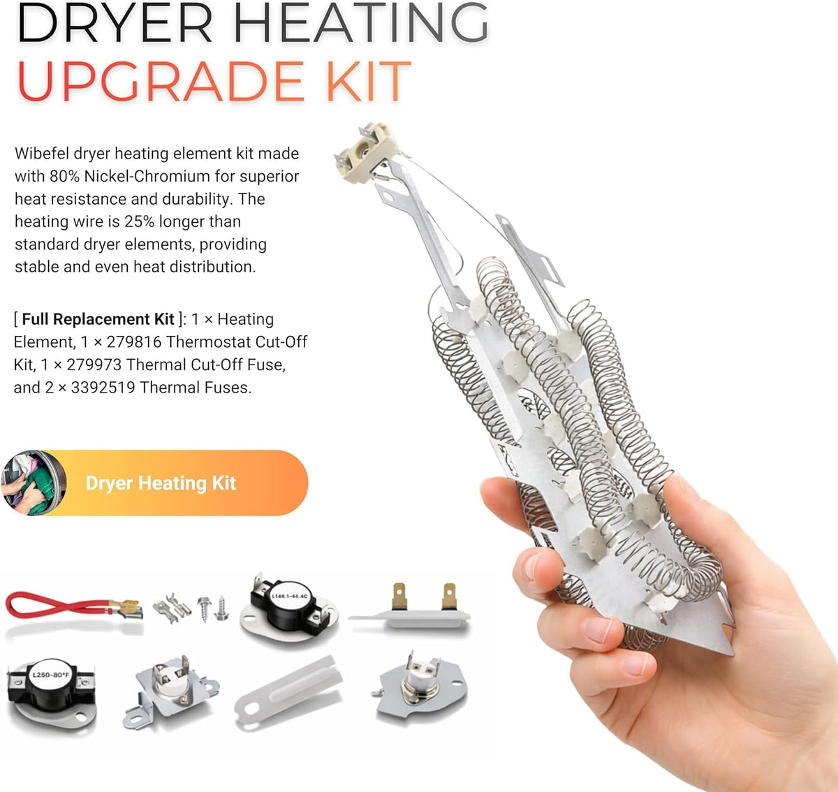 Dryer Heating Element Replacement for Whirlpool WED92HEFW0 WED92HEFC0 WED9600TU0 WED9600TW0 WED9500TW0 WED8500SR0 WED87HEDW1 WED95HEDW1 WED87HEDC1 WED8540FW0 WED7800XW0 with Thermostat Kit
