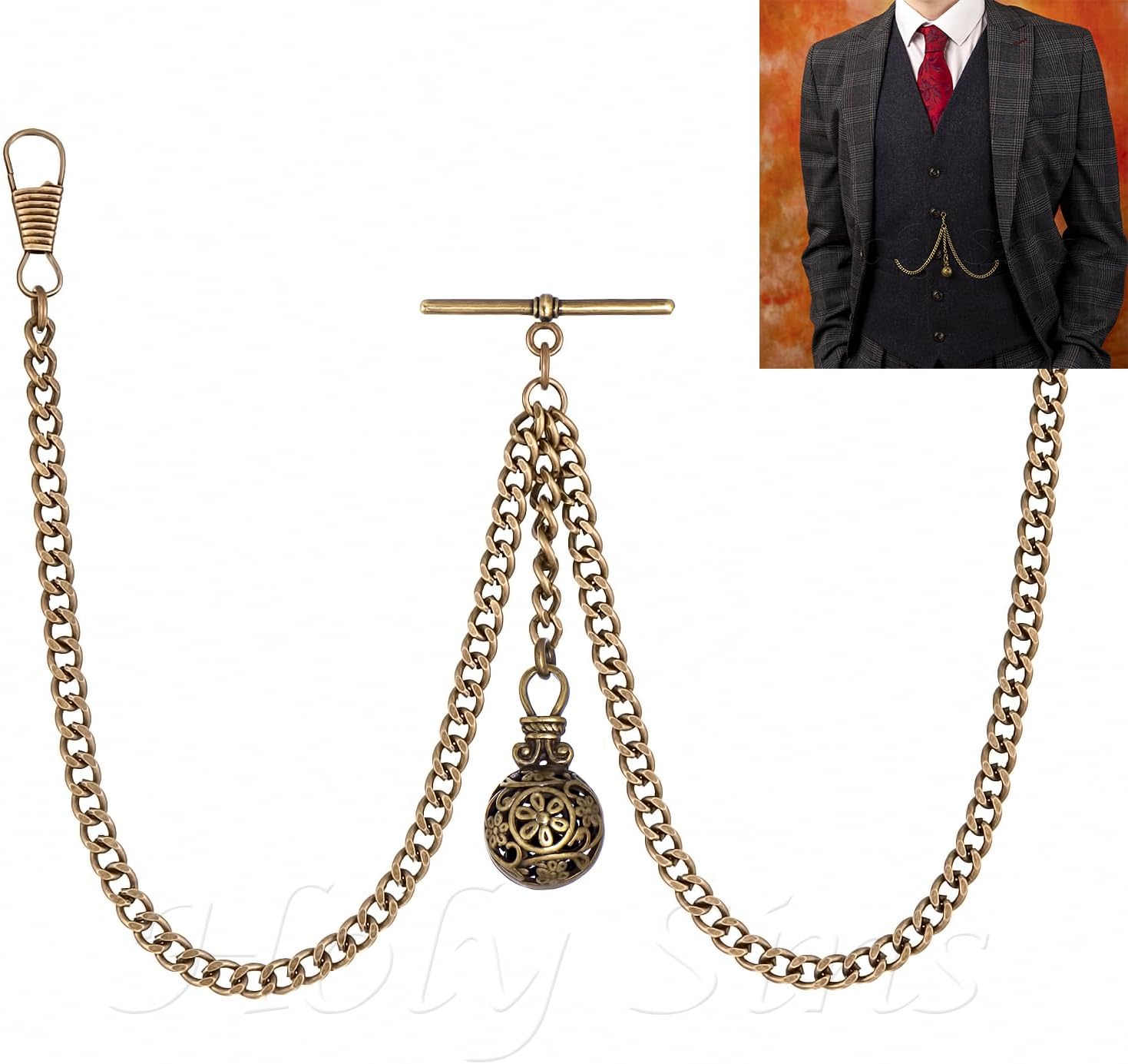 Made in The UK Bronze Colour Double Albert Pocket Watch Chain with Hollow Pendant