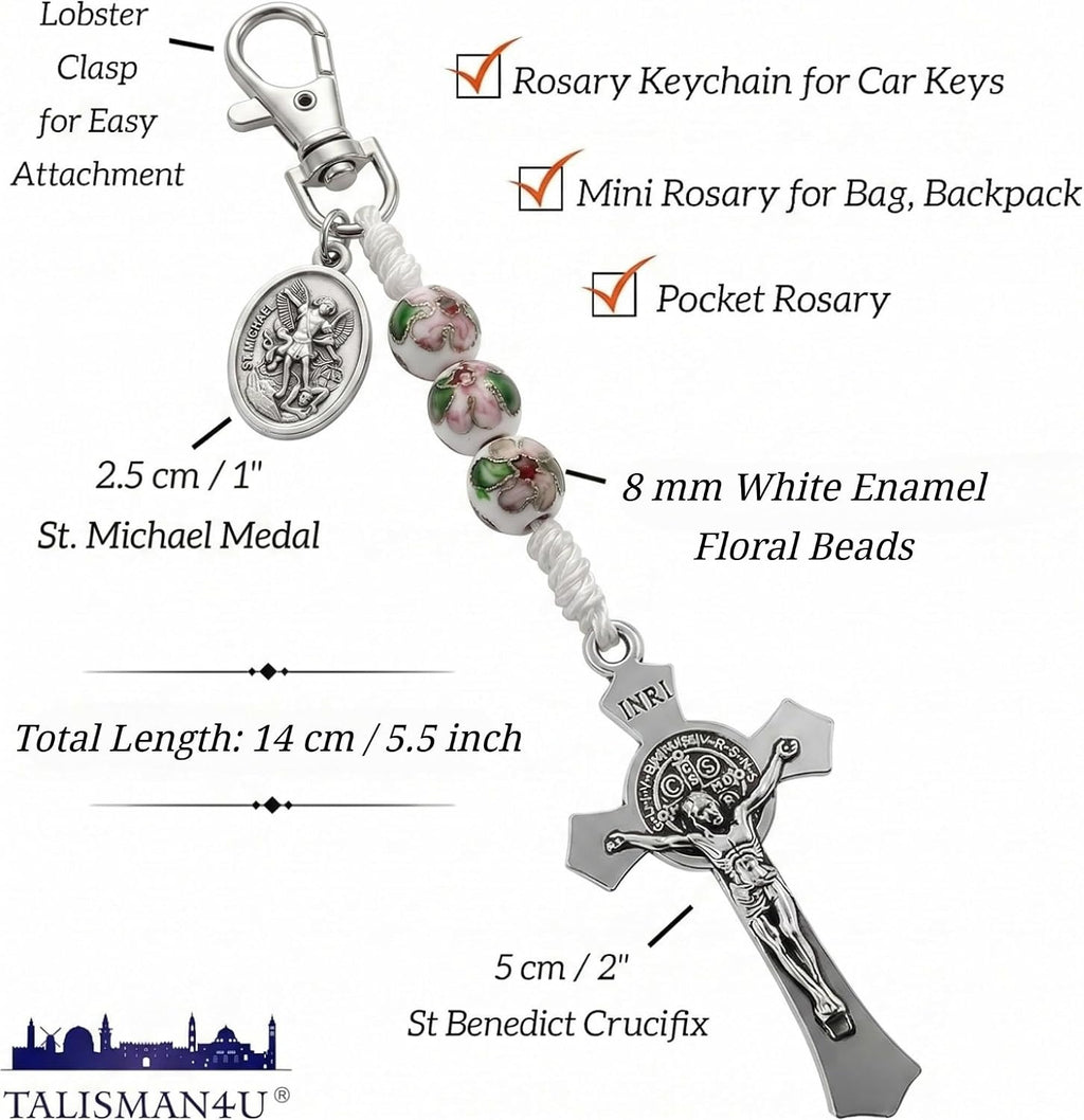 Catholic Rosary Keychain St Michael Medal White Enamel Beads