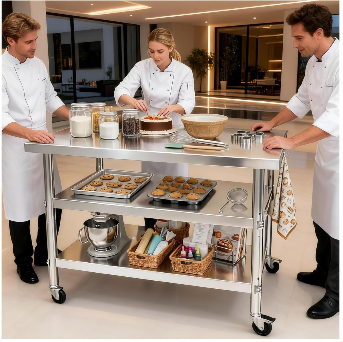 Stainless Steel Prep and Work Table,Kitchen,has Both Fixed Legs and Wheels
