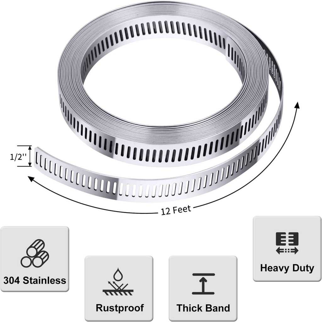 Stainless Steel Worm Gear Hose Clamp Assortment Kit, Cut-To-Fit | DIY 12FT Strap+8 Fasteners, Large Adjustable Band