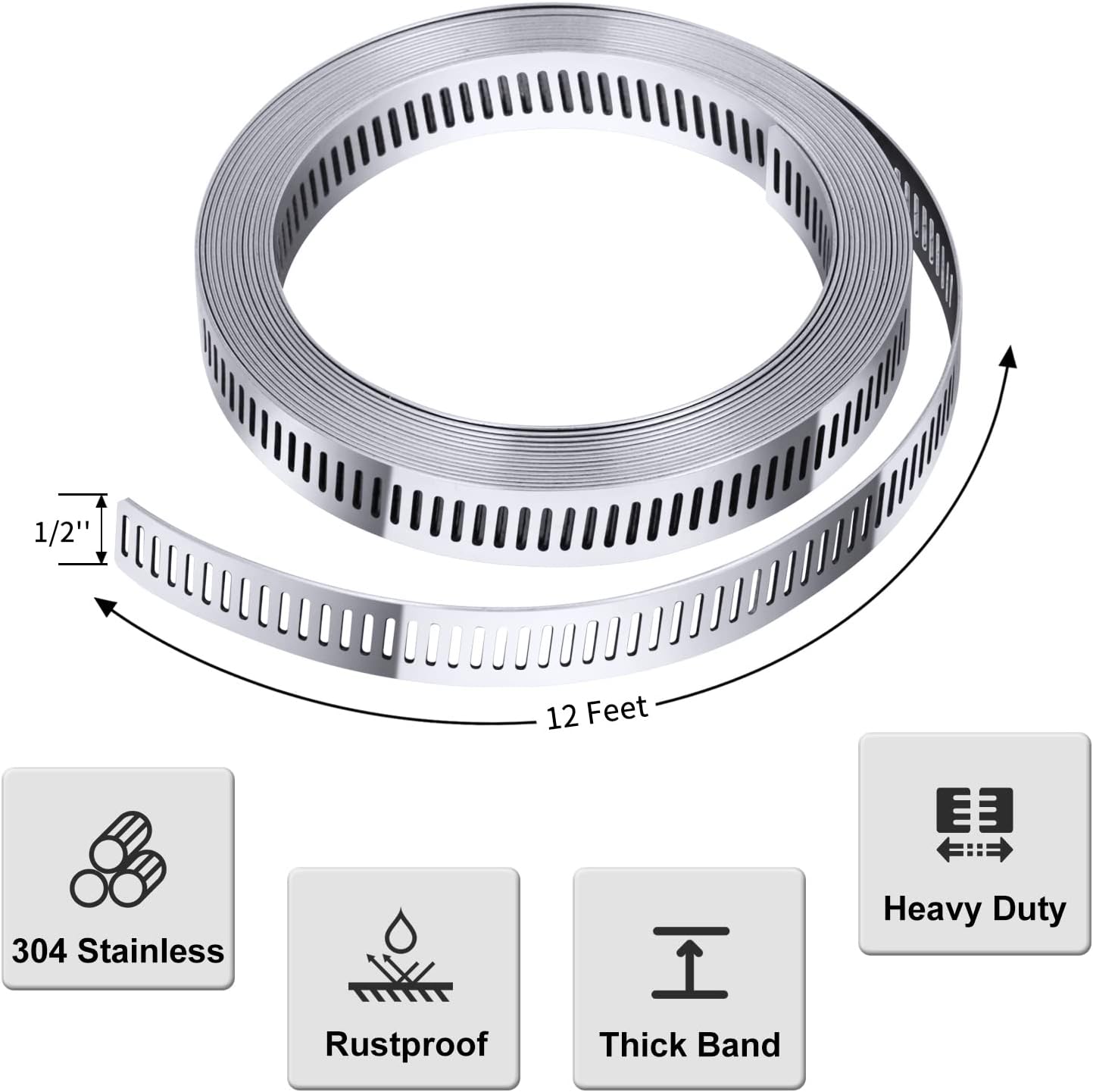 Stainless Steel Worm Gear Hose Clamp Assortment Kit, Cut-To-Fit | DIY 12FT Strap+8 Fasteners, Large Adjustable Band