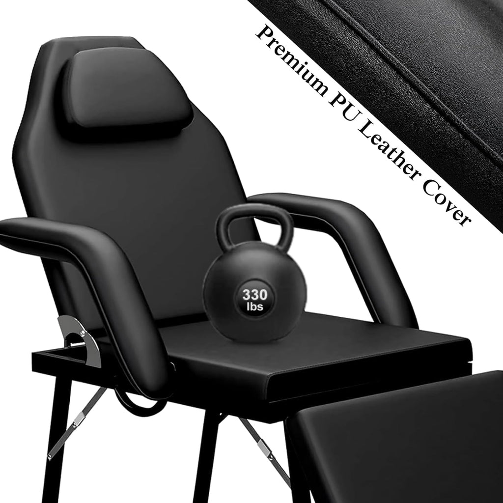 Portable Tattoo Chair, Adjustable Massage Facial Bed with Removable Headrest & Armrest, Foldable Spa Chair with Carry