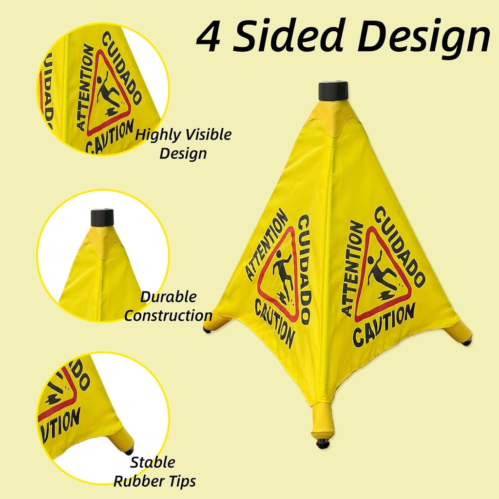 Wet Floor Signs - 2PCS Pop UP Bilingual Yellow Cones Wet Floor Sign with Wall Mounted Storage Tube Foldable, Slip