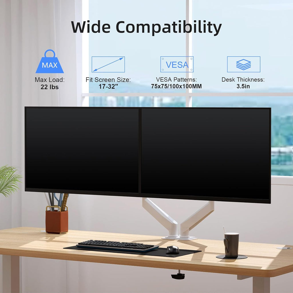 Dual Monitor Mount Stand-Height Adjustable Gas Spring Monitor Arm Desk Mount for 2 Monitor Screens 17 to 32 inches