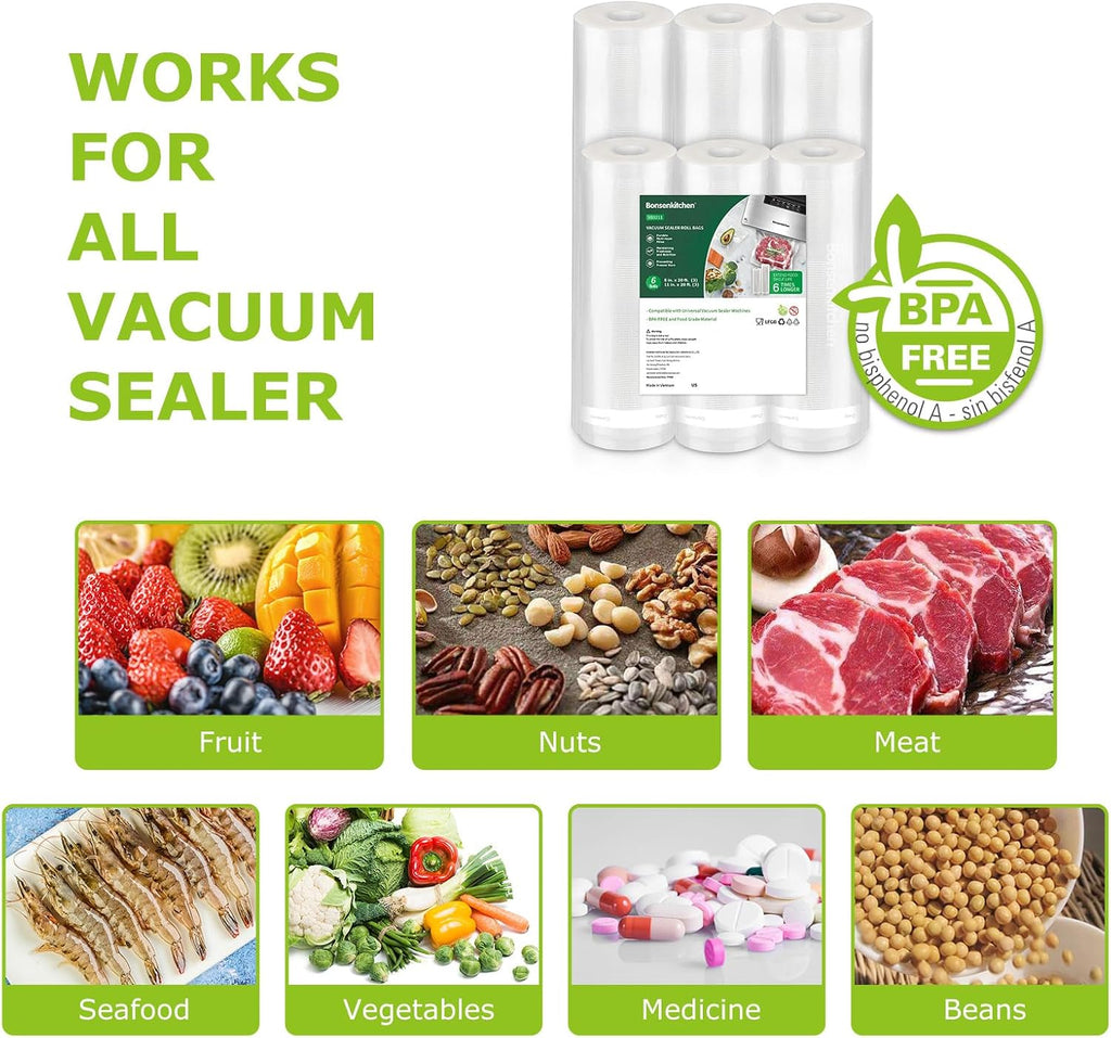 Vacuum Sealer Rolls bags, 3 Rolls 11"x 20'+ 3 Rolls 8"x 20'