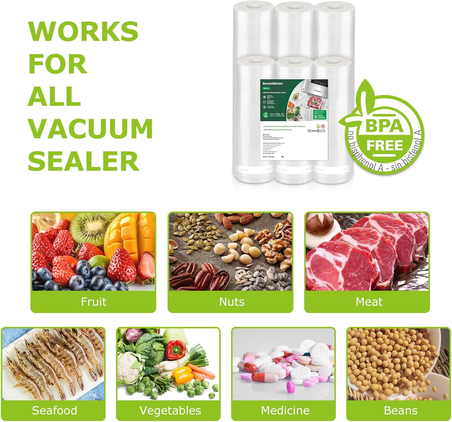 Vacuum Sealer Rolls bags, 3 Rolls 11"x 20'+ 3 Rolls 8"x 20'