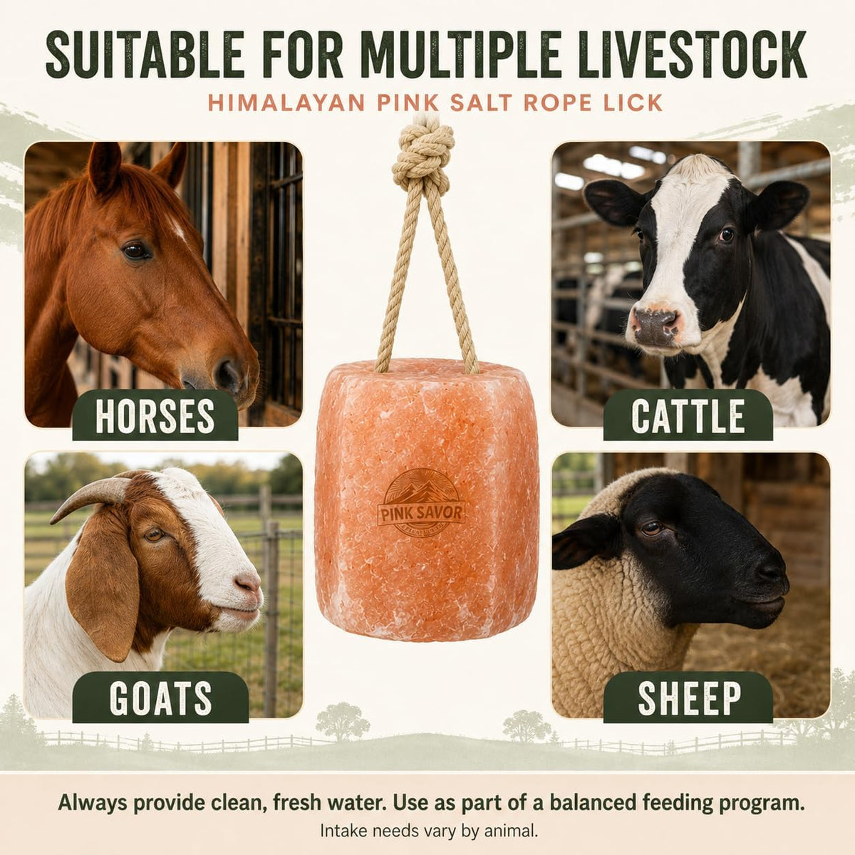Himalayan Pink Salt Lick with Rope, 5-6 lb Each, 4 Pack for Horses & Cattle