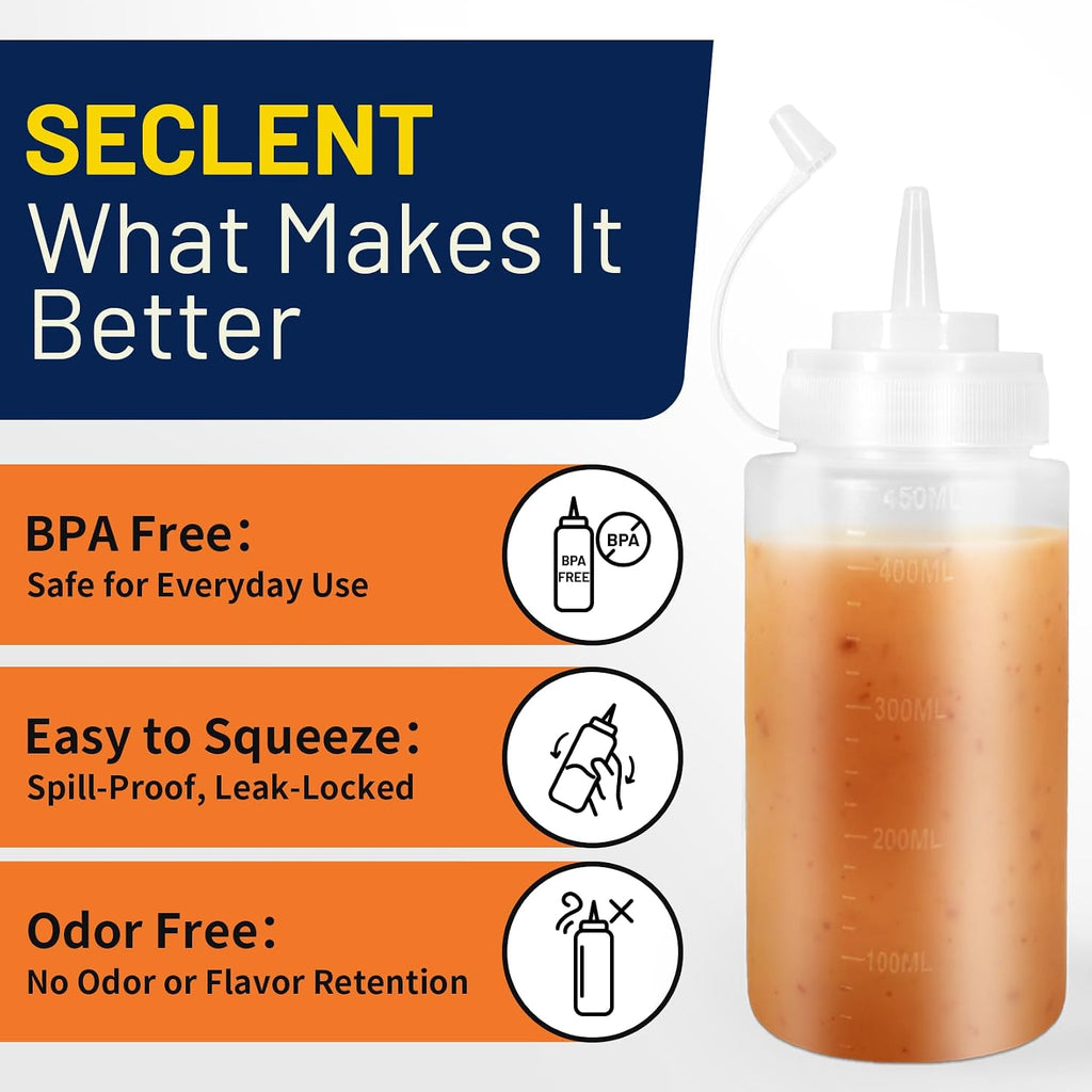 16 oz Condiment Squeeze Bottles, Squeeze Bottles for Sauces, Syrup Bottles