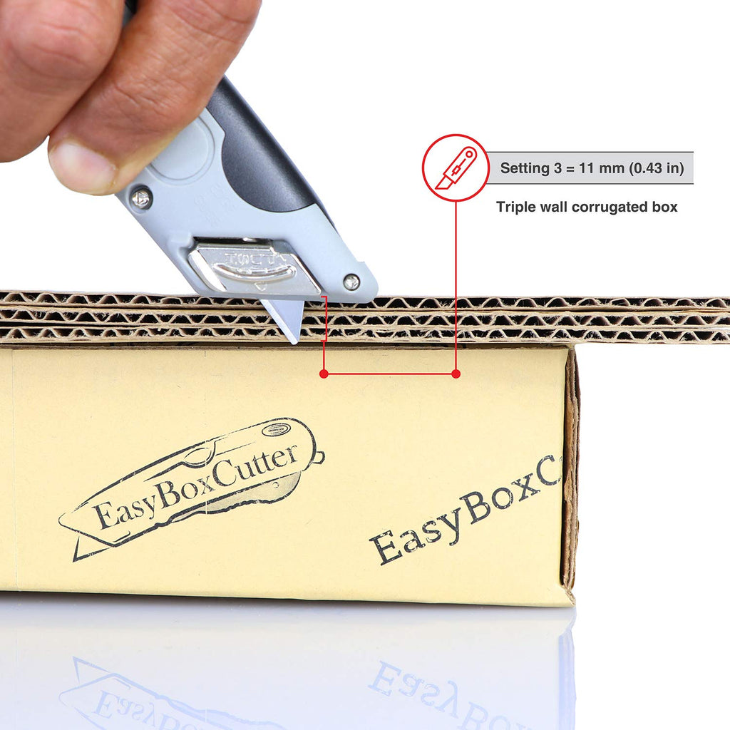 Modern Box Cutter, auto Retract, Blade Vanishing Technology, Extra Tape Cutter at Back, Dual Side Edge Guide, 3 Blade