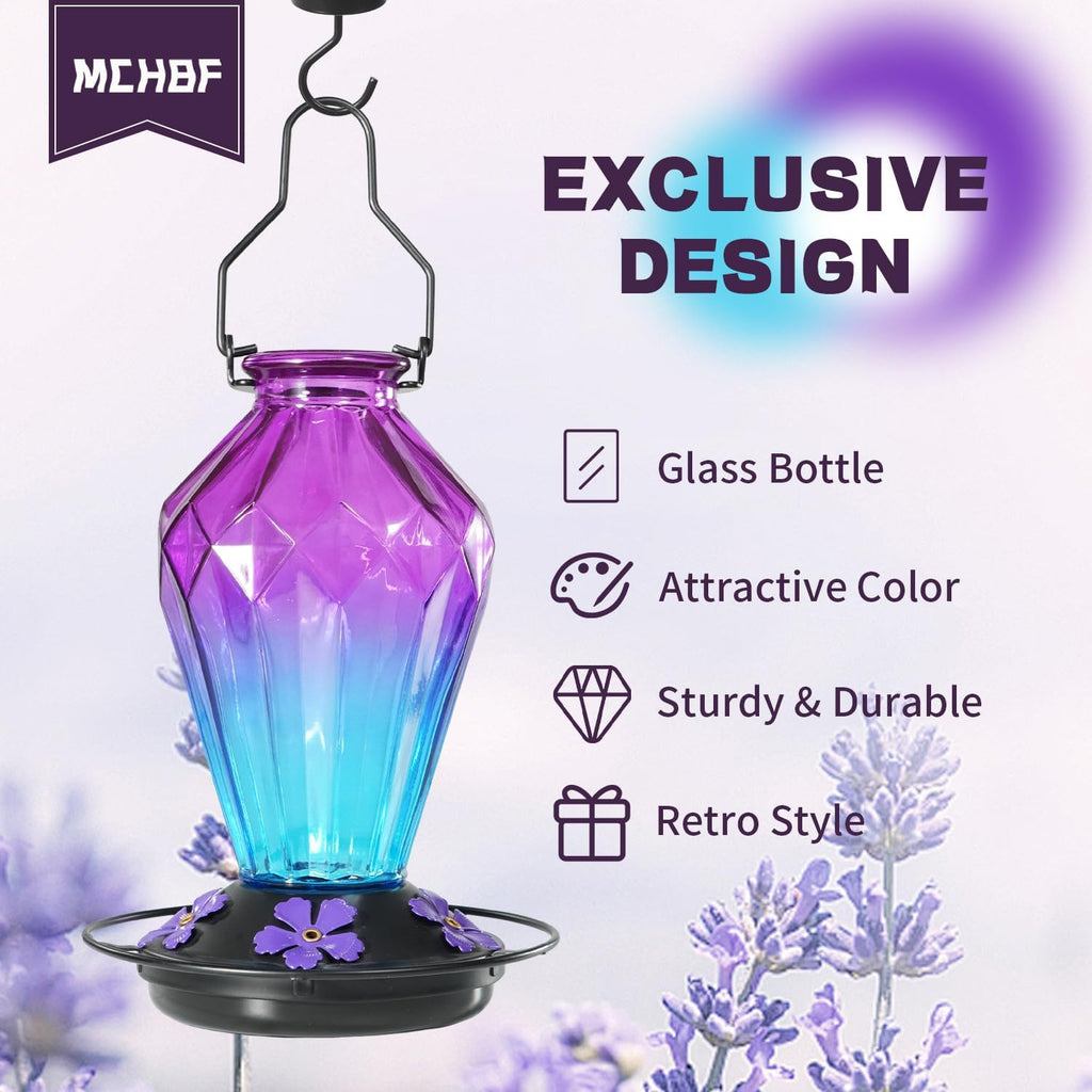 Glass Hummingbird Feeder for Outdoors Hanging, 25Oz Humming Bird Nectar Feeder, Perch, 5 Flower Feeding Ports, Leak