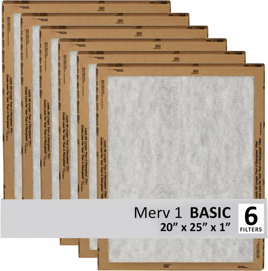20x25x1 Air Filter, 3M MERV 1 HVAC AC Furnace Filter Replacement, 6-Pack (Actual Size 19.69x24.69x0.88 in)