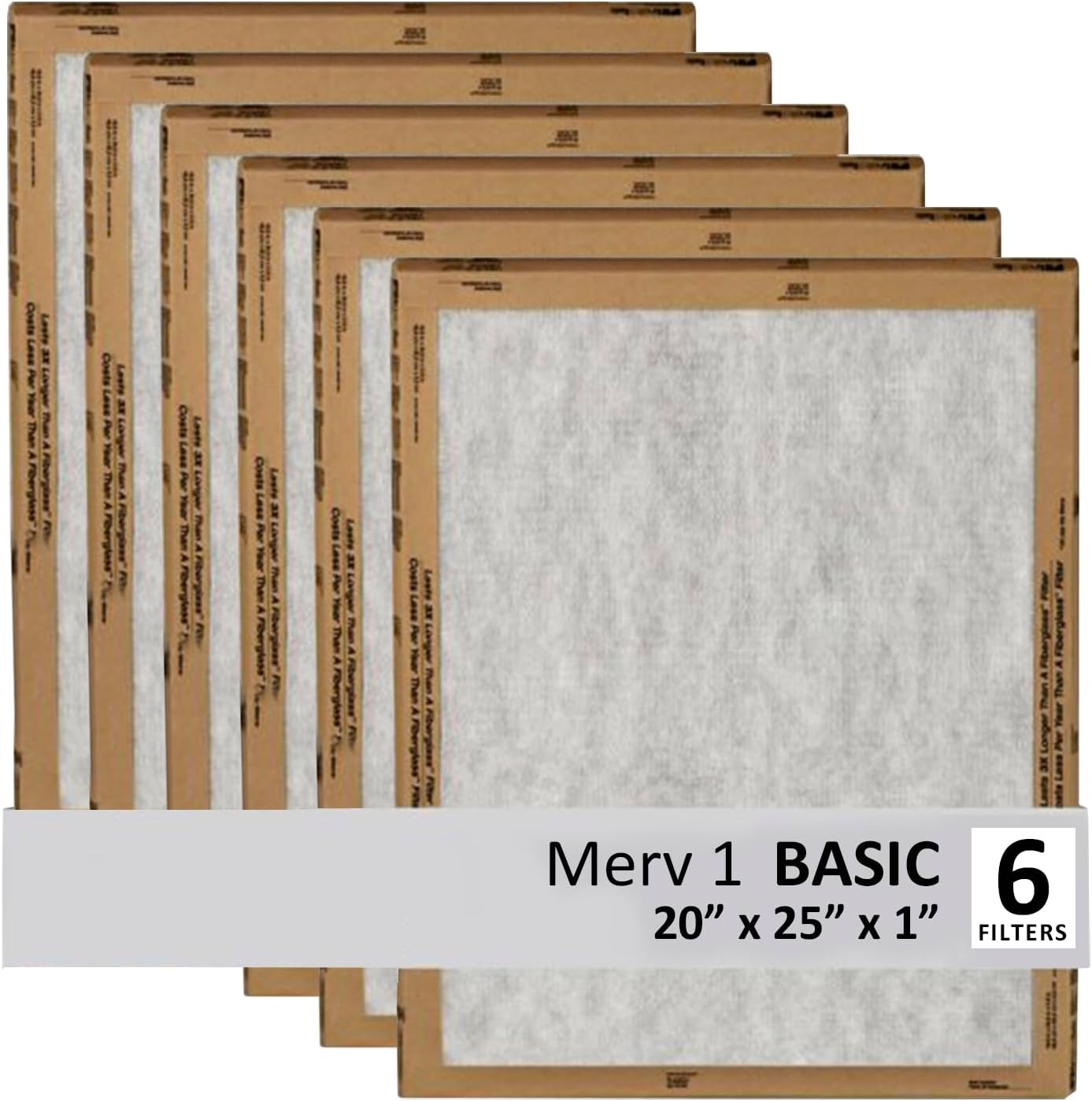 20x25x1 Air Filter, 3M MERV 1 HVAC AC Furnace Filter Replacement, 6-Pack (Actual Size 19.69x24.69x0.88 in)