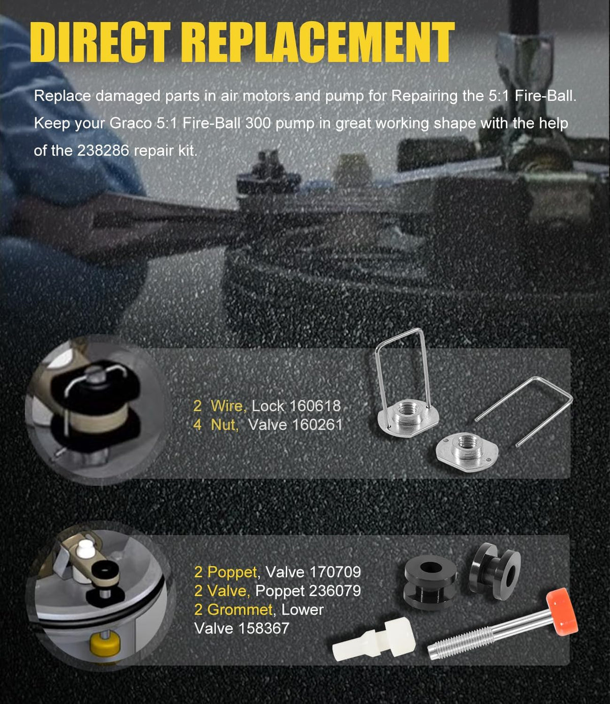 Yoursme 238286 Repair Kit Fit for Graco 300 5:1 Ratio Fire Ball 300 Oil Pumps Repairing, 238-286 Upper & Lower Repair Kit Fluid and Air Repair Parts Included #203876