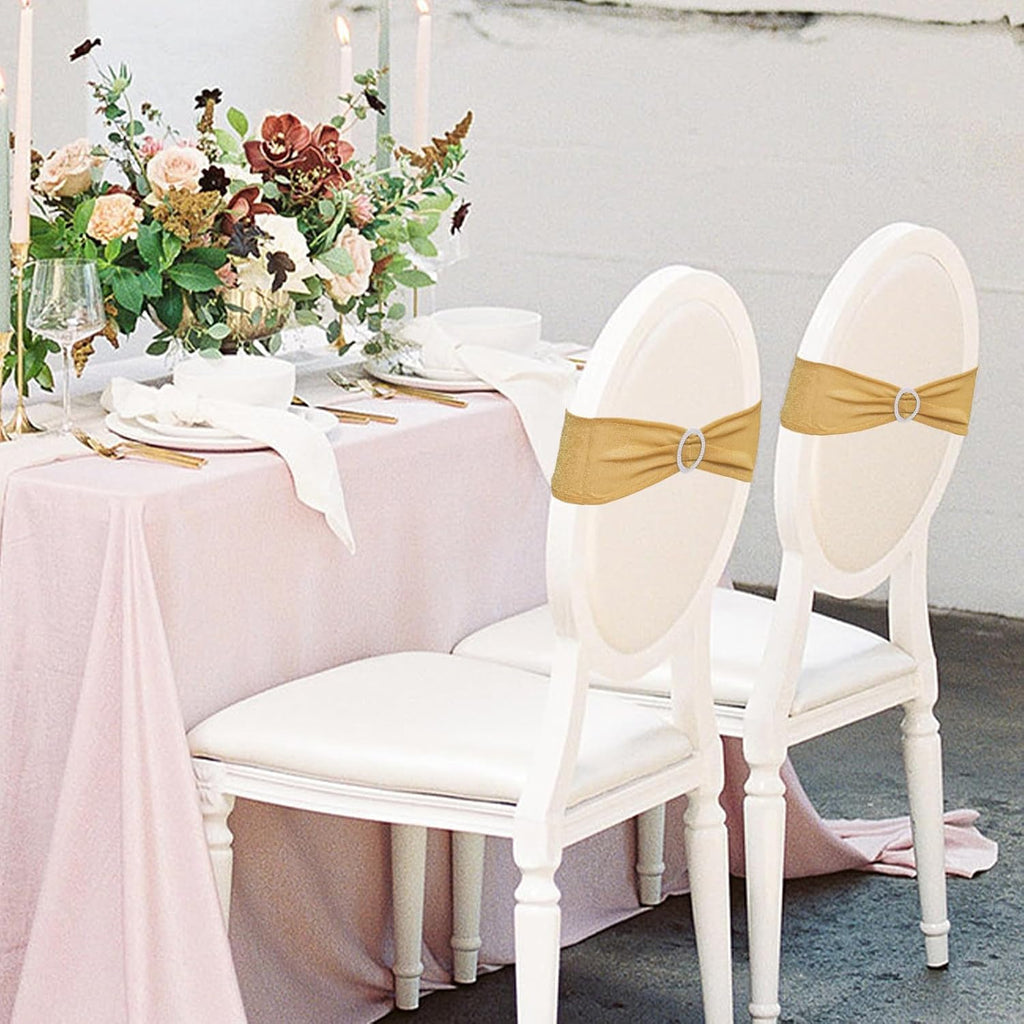 Pack of 10 Gold Chair Sashes Bows with Buckle Slider Universal Elastic Spandex Bands Ties for Banquet Event Decor
