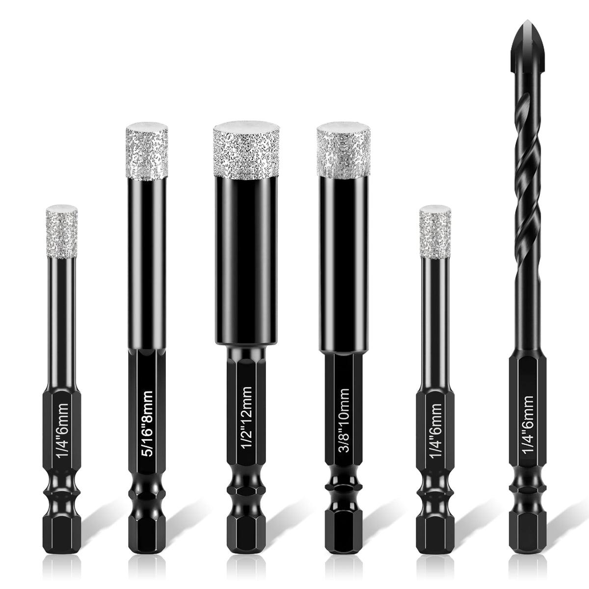 6 PCS Dry Diamond Drill Bits Set for Ceramic, Glass, Tile, Porcelain, Pots