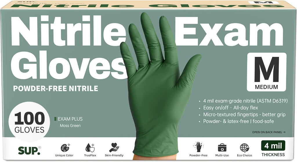 Nitrile+ SUP Exam Plus Gloves, Powder-Free Disposable Moss Green, 100 Count