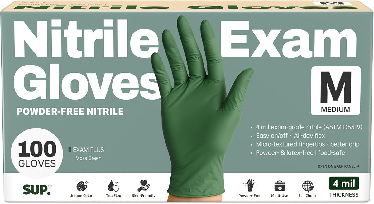 Nitrile+ SUP Exam Plus Gloves, Powder-Free Disposable Moss Green, 100 Count
