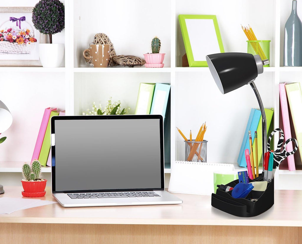 LD1057-BLK Gooseneck Organizer Desk Lamp with iPad/Tablet Stand or Book Holder and Charging Outlet, Black