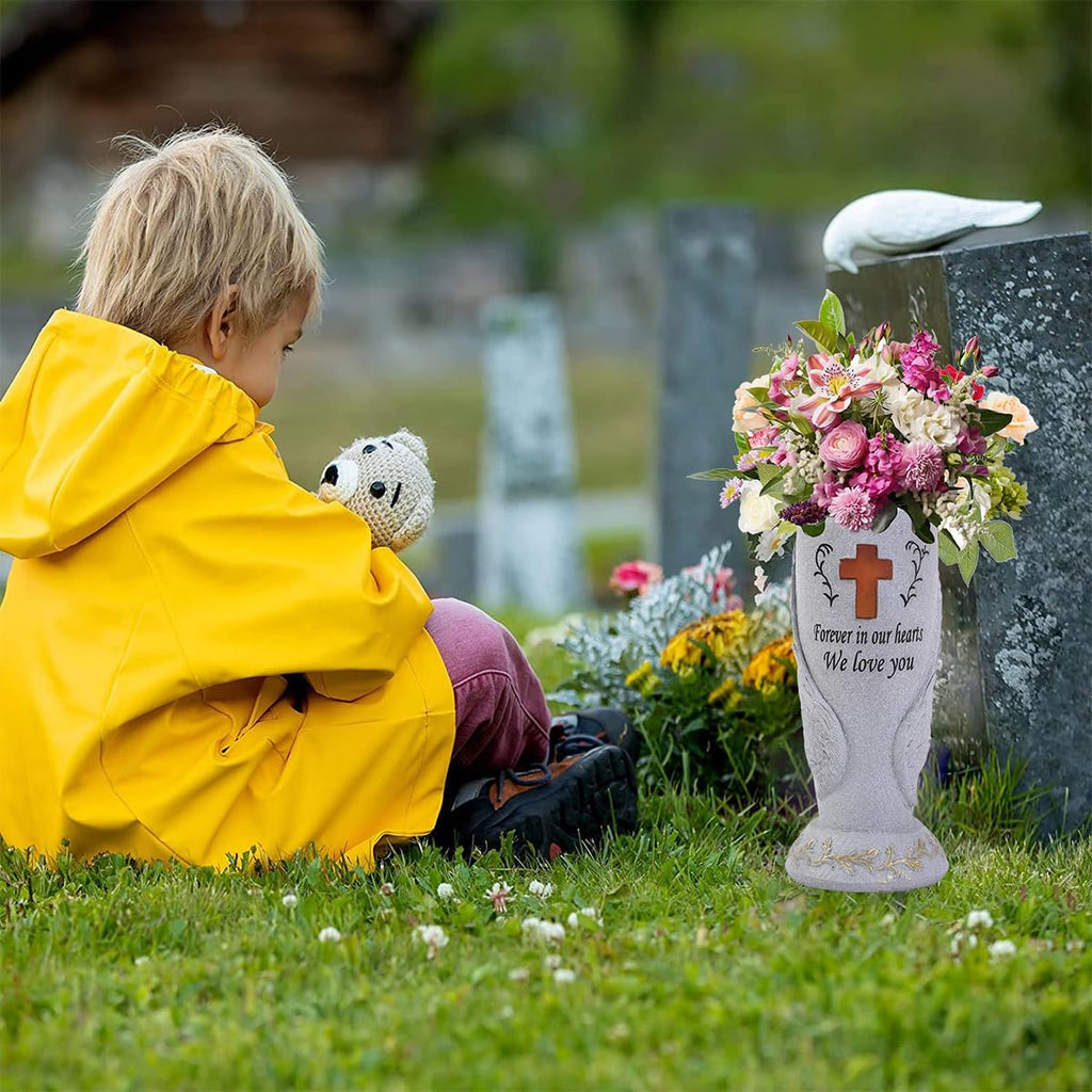 Cemetery Grave Flower Vase,Cometery Decorations for Grave,Angel Vases with Spike，Angel Wings and Cross Solar Light