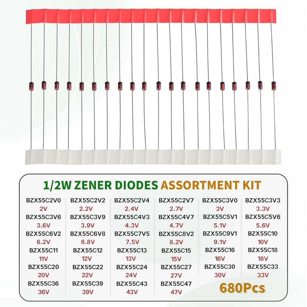 34Values 680PCS 1/2W Zener Diode Kit 2V to 47V 0.5W Diodes Assortment Set