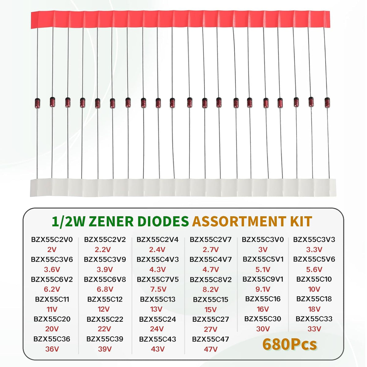 34Values 680PCS 1/2W Zener Diode Kit 2V to 47V 0.5W Diodes Assortment Set