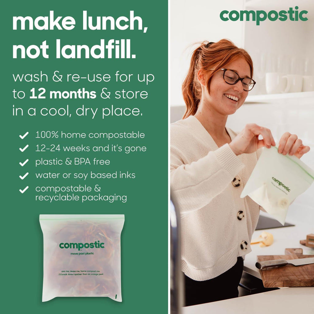 Compostable Snack Bags, 60 Ct, Resealable Zip Snack Baggies