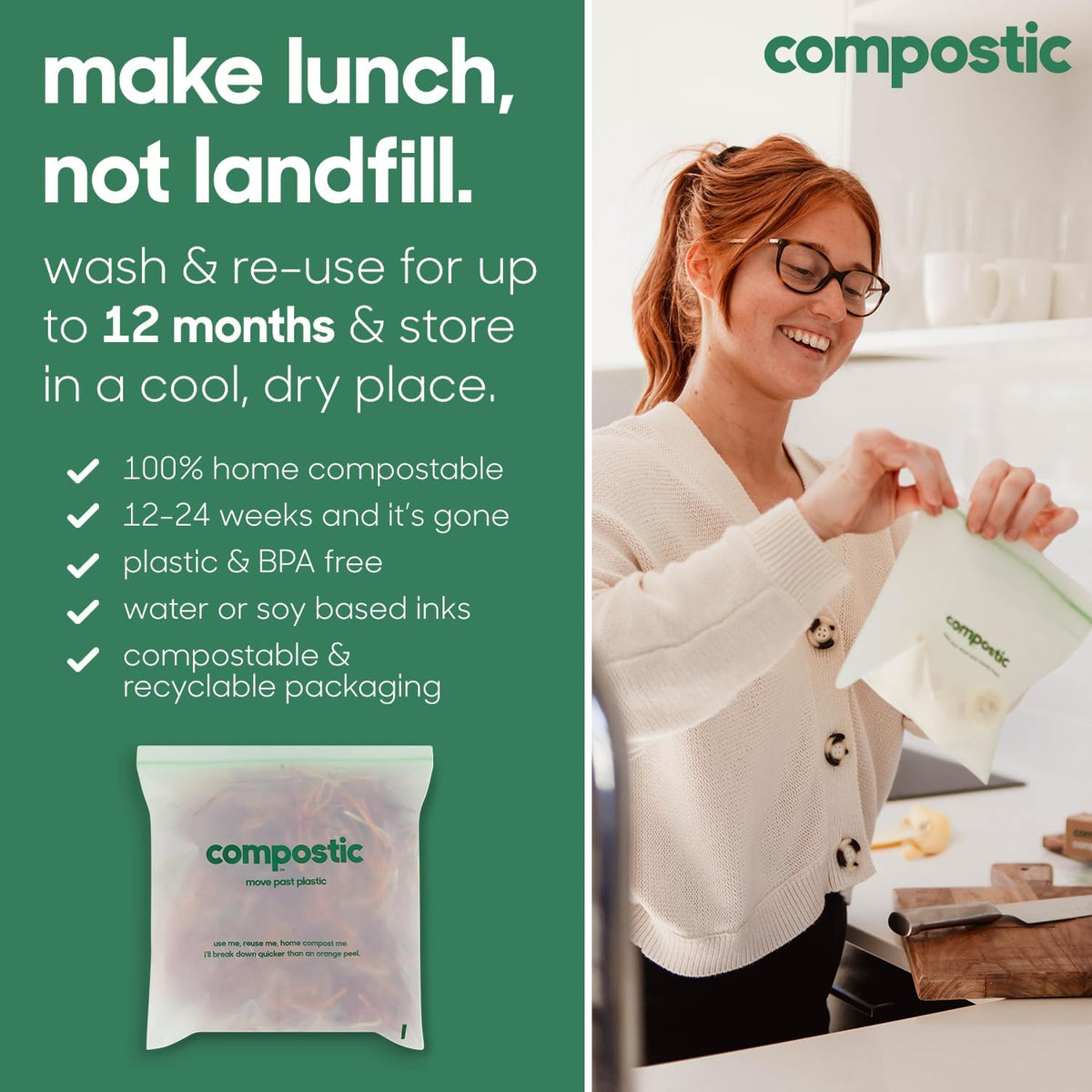 Compostable Snack Bags, 60 Ct, Resealable Zip Snack Baggies