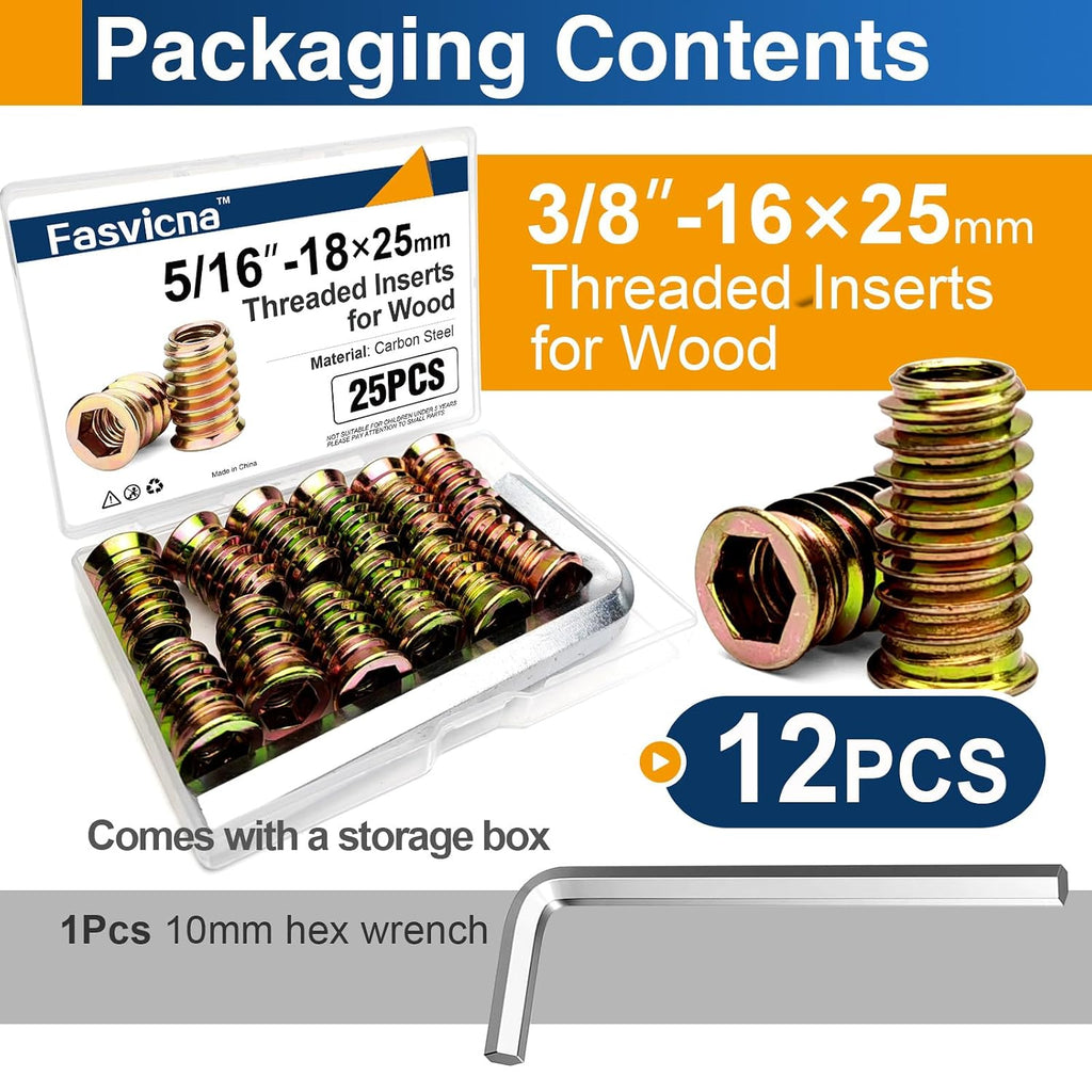 12PCS 3/8"-16 x 25mm Threaded Inserts for Wood, Hex Drive Nuts