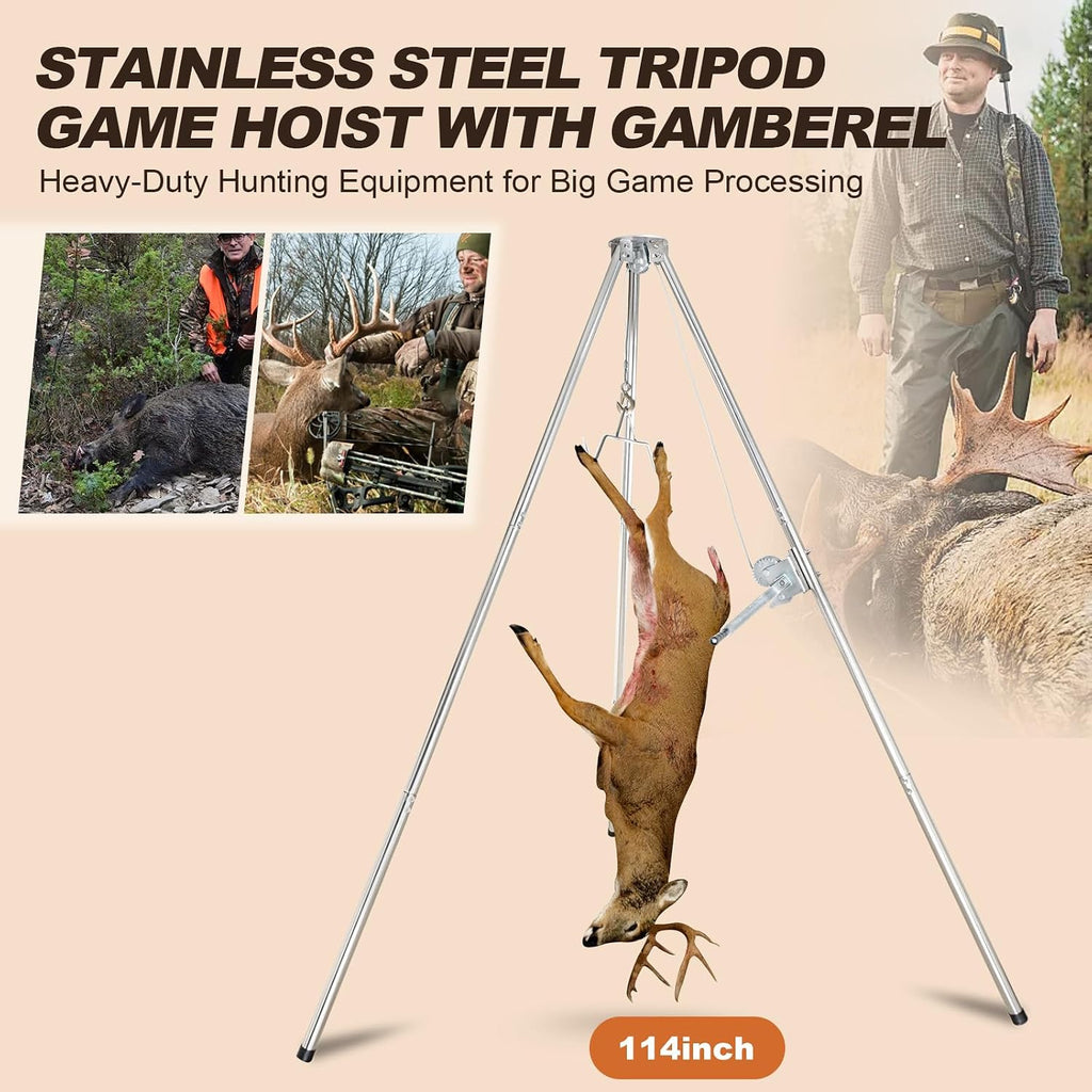 Deer Game Hoist Tripod Hanger Rack with Gambrel and Manual Winch