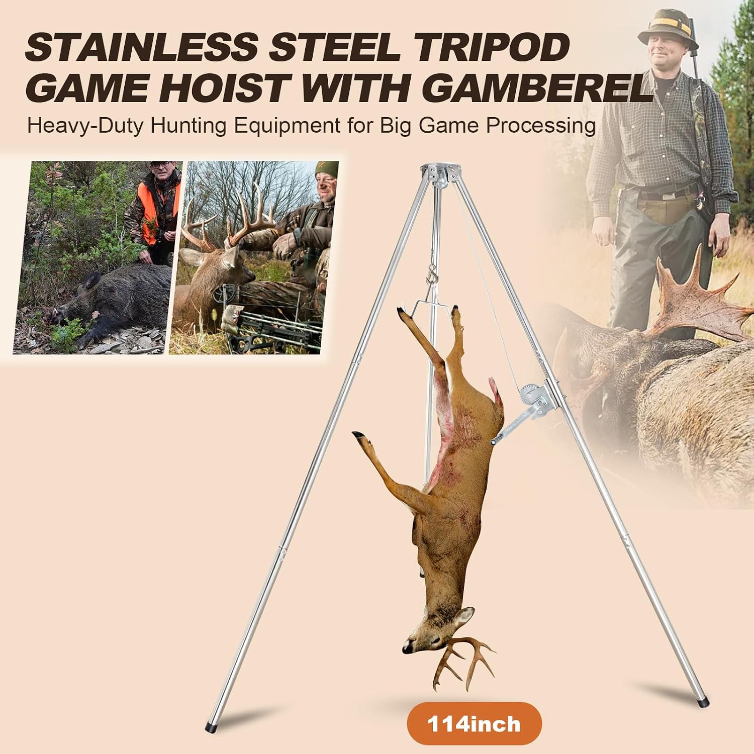 Deer Game Hoist Tripod Hanger Rack with Gambrel and Manual Winch