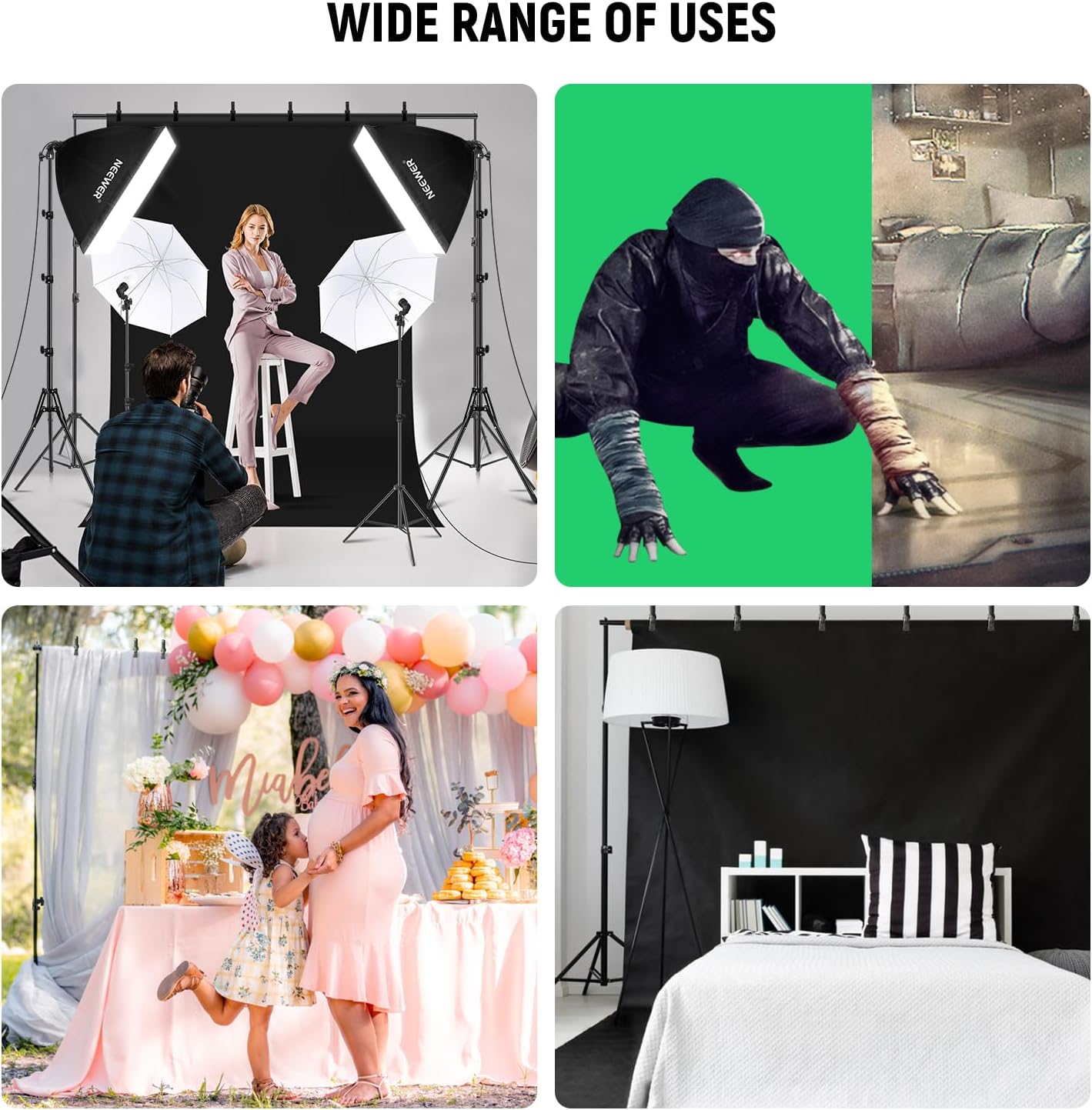 Photography Lighting Kit with Backdrops,8.5x10ft Backdrop Stands,5700K 800W Equivalent 24W LED Umbrella Softbox