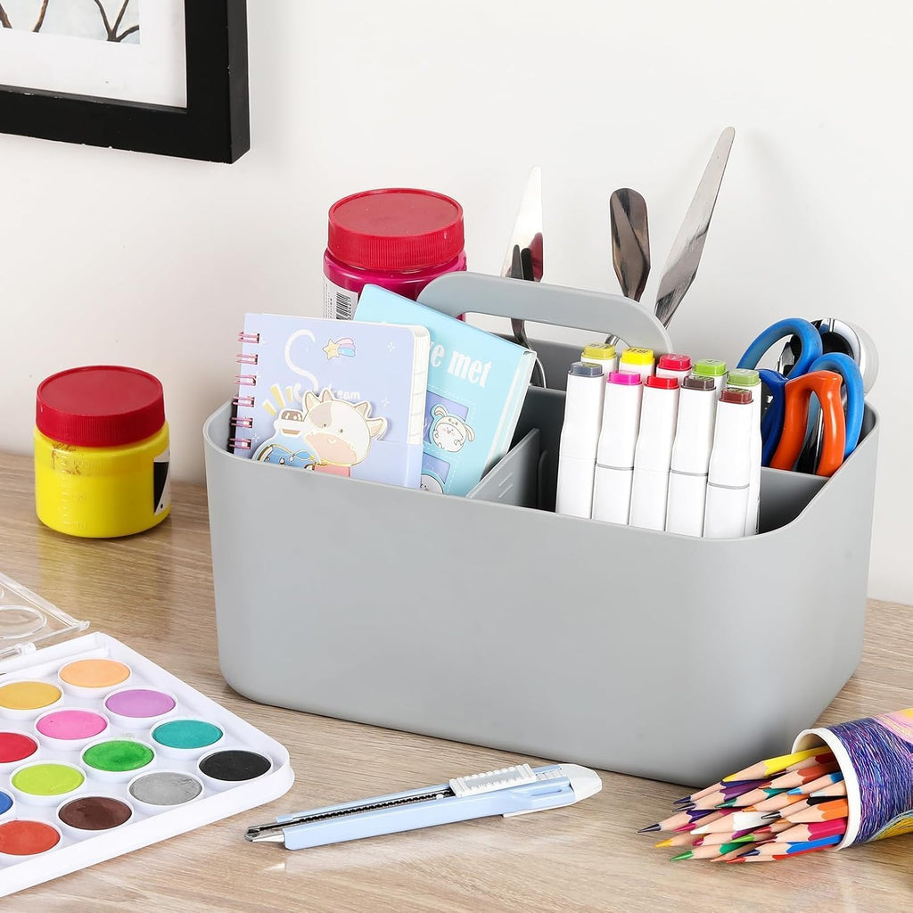 Multiuse Caddy Organizer with Handle, Portable Divided Plastic Tote Bin - Art Craft, Stationary Pen Marker Crayons