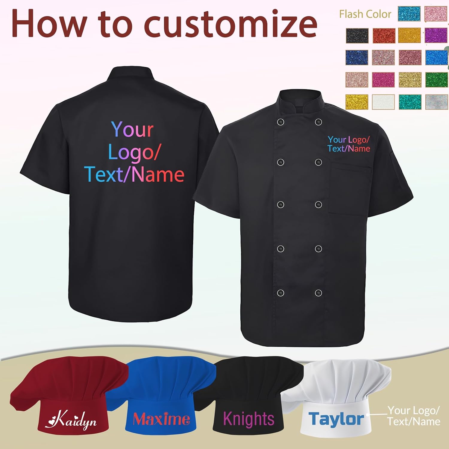 Custom Chef Coat Personalized Logo Chef Jacket with Solid or Glitter Name Text Photo Customized Chef Uniform Men