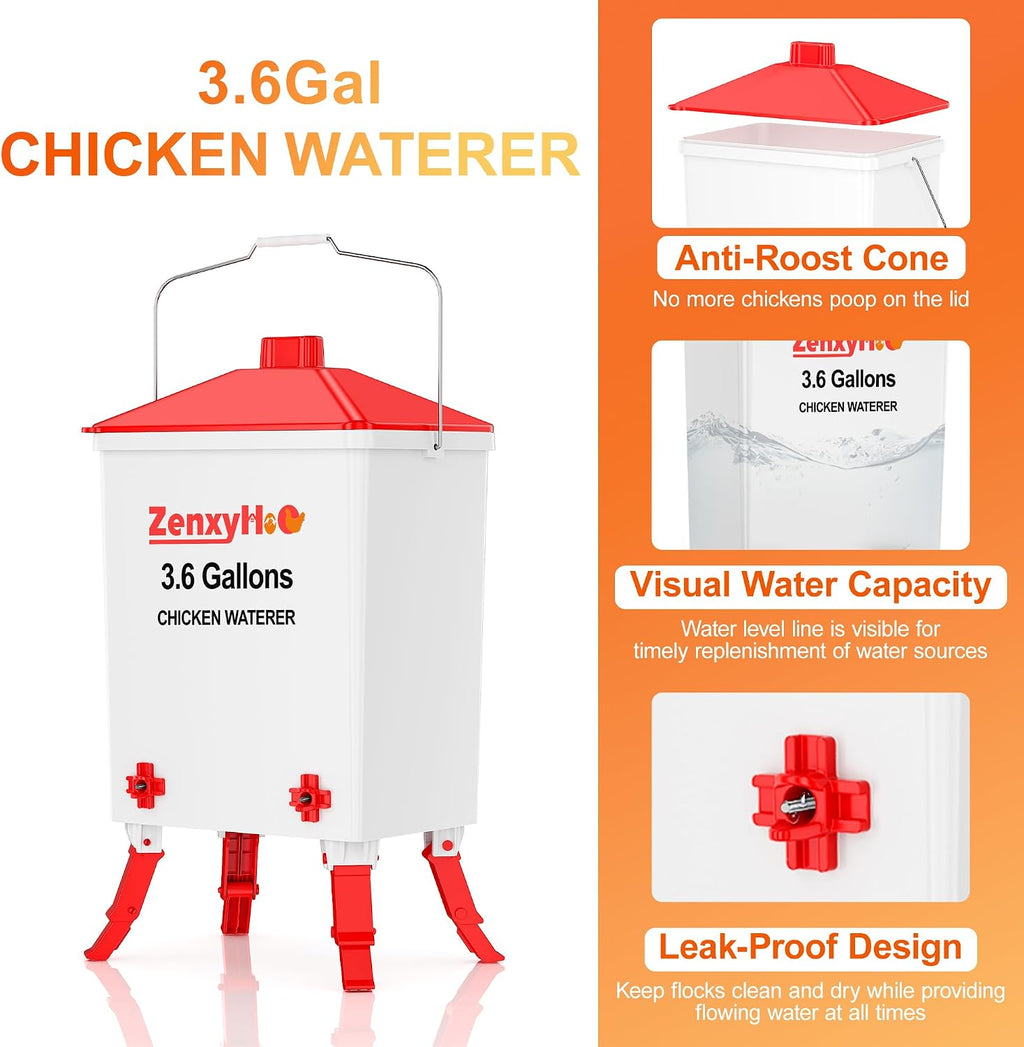 3.6 Gal Chicken Waterer with 4 Water Nipples - 3 Height Adjustable | Anti-roost Cone and Locking Legs Design