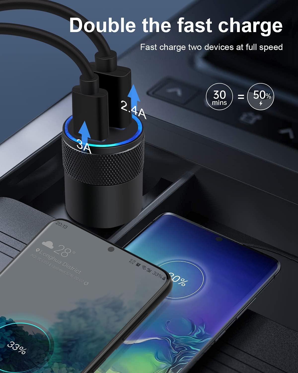 30W PD USB C Car Charger, USB Type C Fast Power Charging Block Dual Port USB A & USBC Plug Cargador Carro Lighter