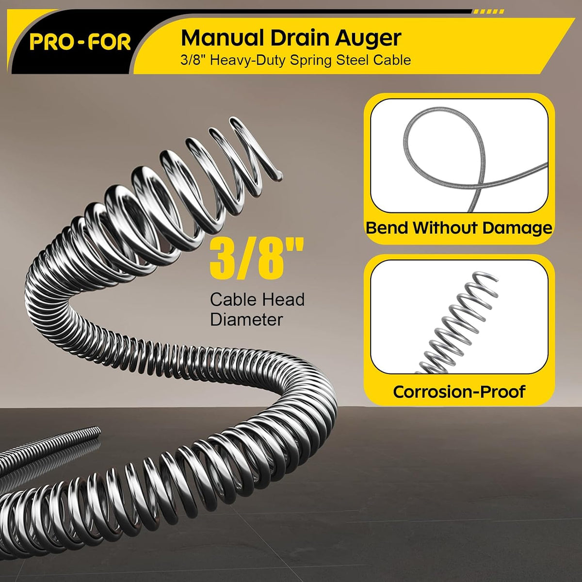 25FT Handheld Drain Auger, Heavy Duty Plumbing Snake for Clogged Drains, 3/8 Inch Diameter Manual Drain Cleaner for