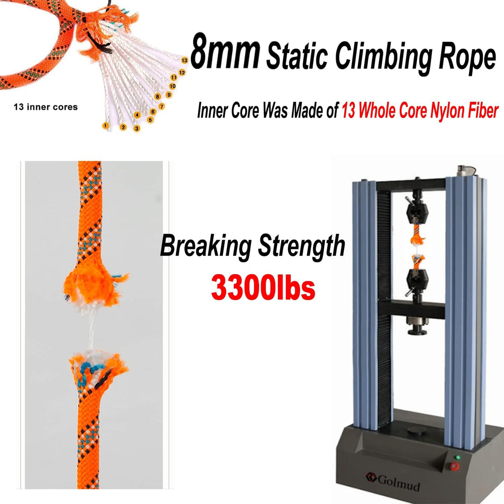 Orange/Black/Blue/Green Climbing Rope 10M(32ft) 20M(64ft) 30M(96ft) 50M(160ft), 8MM Static Rock Climbing Rope with 2