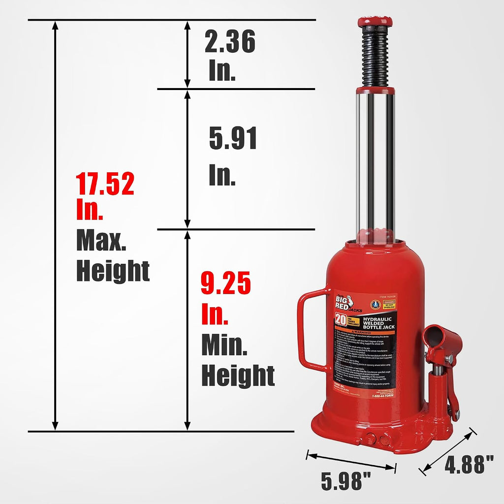 20 Ton (40,000 LBs) Torin Welded Hydraulic Car Bottle Jack for Auto Repair and House Lift, Red, TAM92003B