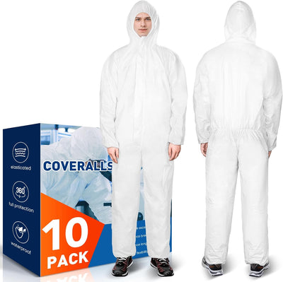 10 Pack Hazmat Suits Disposable Protective Coveralls | Heavy Duty Full Body Painters Suit for Men & Women