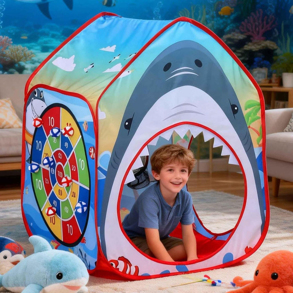 Shark Kid Play Tent Pop up Tent Play Tunnel Indoor and Outdoor Playhouse for Kid Beanbag Toss Game for Team