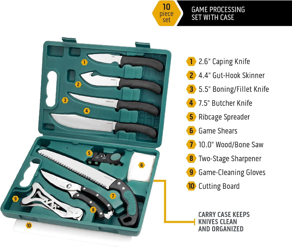 Game-Pro 11-Piece Butcher Knife Set | Caping & Boning Knives, Deer Skinning Knife, Bone Saw, Game Shears, Sharpener &